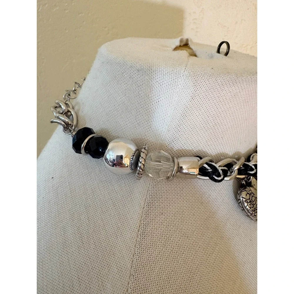 Chunky Silver Black Woven‎ Chain Charm Choker Necklace Heart Flower Y2K Grunge